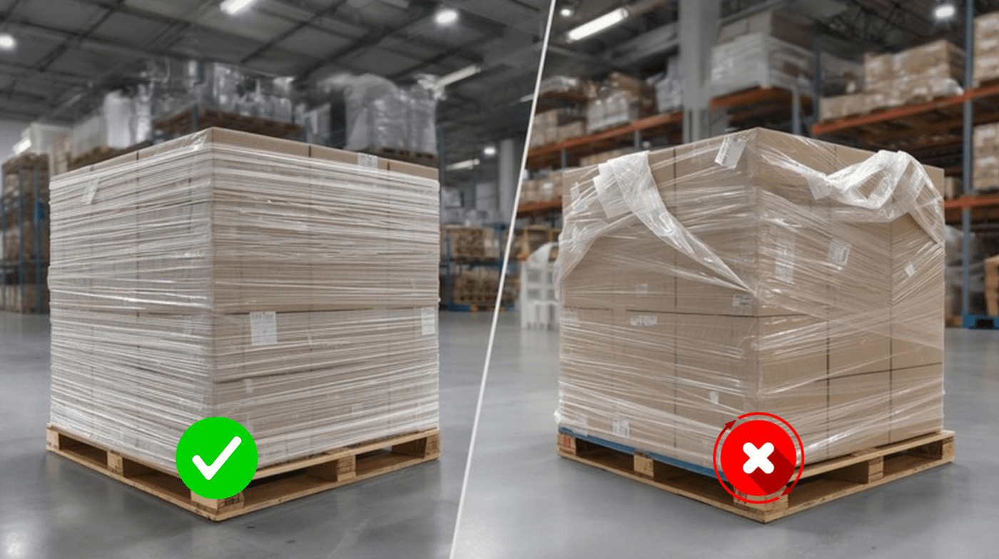 Contoh arah gulungan stretch film yang benar saat pengemasan barang di gudang. Cv Karunia Packaging sembadaa