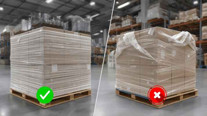 Contoh arah gulungan stretch film yang benar saat pengemasan barang di gudang. Cv Karunia Packaging sembadaa