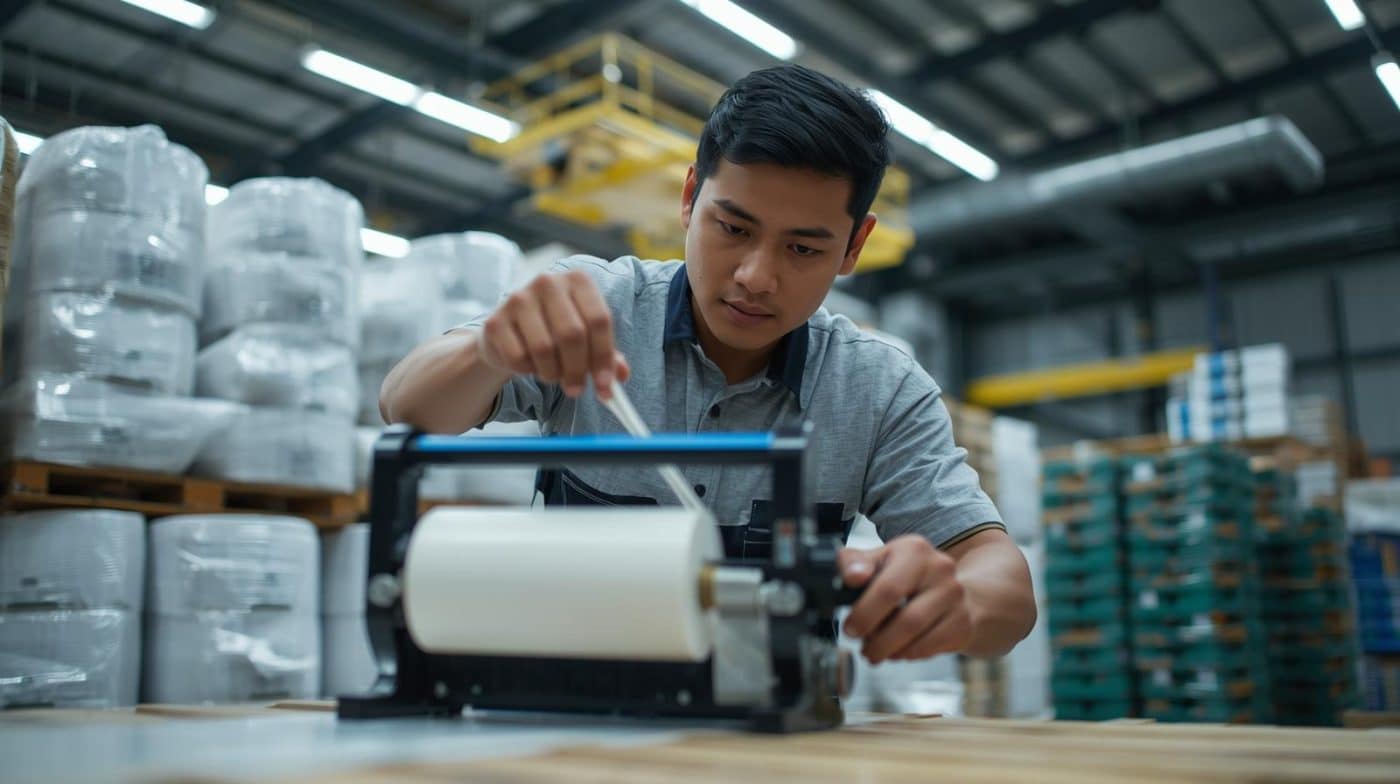 Operator laki laki orang jawa, masih muda seperti real di dalam gudang. menggunakan stretch film dispenser untuk menjaga tegangan gulungan tetap konsisten.