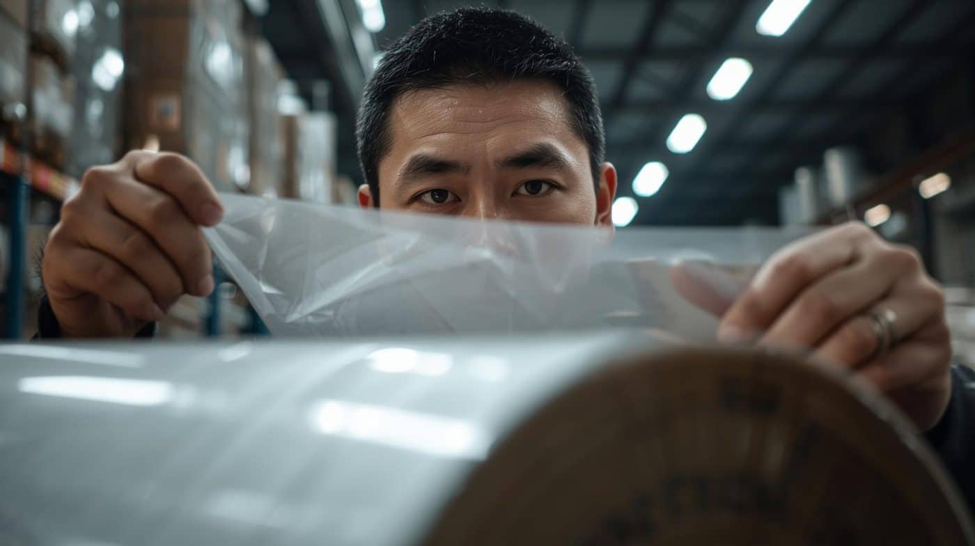 Operator memilih ketebalan stretch film yang sesuai untuk pengemasan industri. Cv karunia packaging sembada
