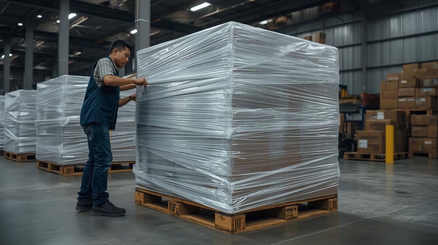 Pekerja membungkus pallet dengan stretch film berlapis terlalu banyak di area gudang. Cv Karunia packaging sembada