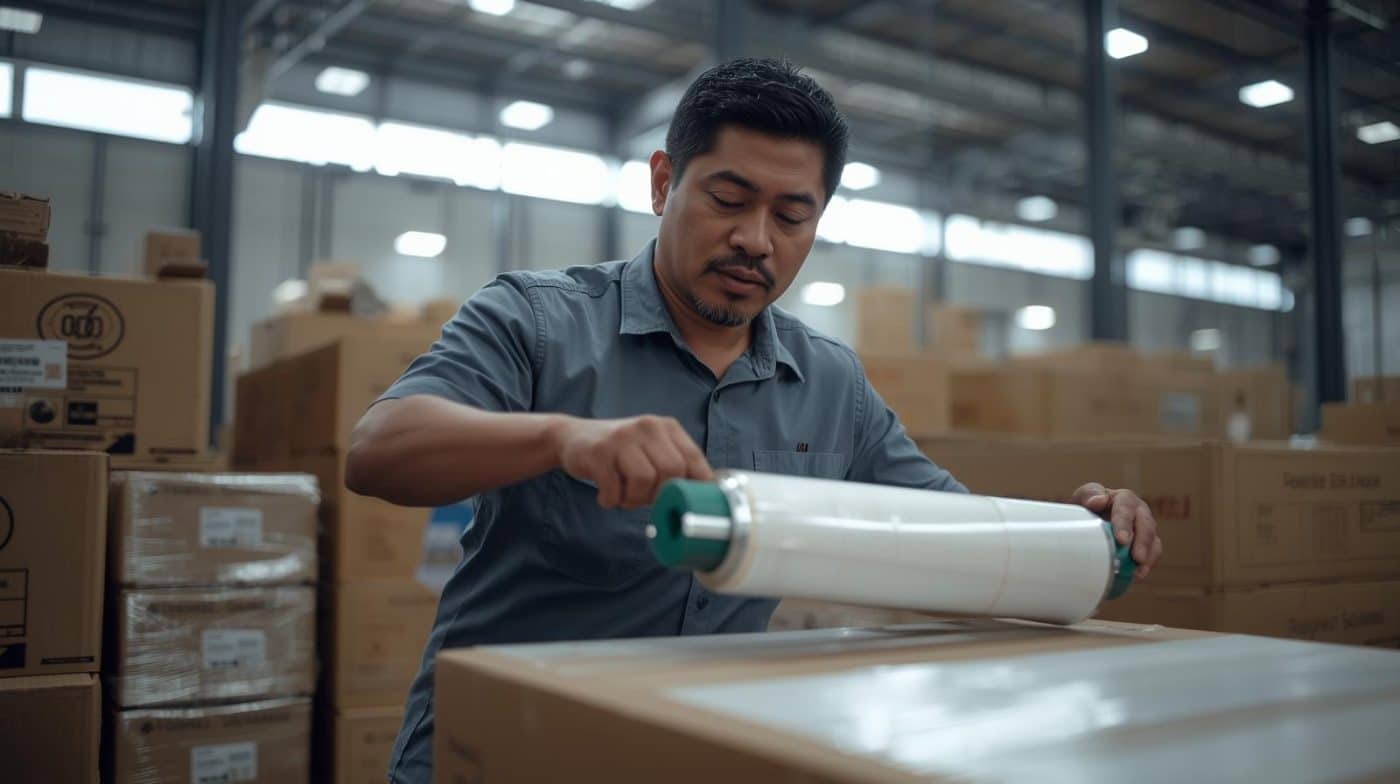 Worker using stretch film dispenser tool for efficient wrapping – Karunia Packaging Sembada