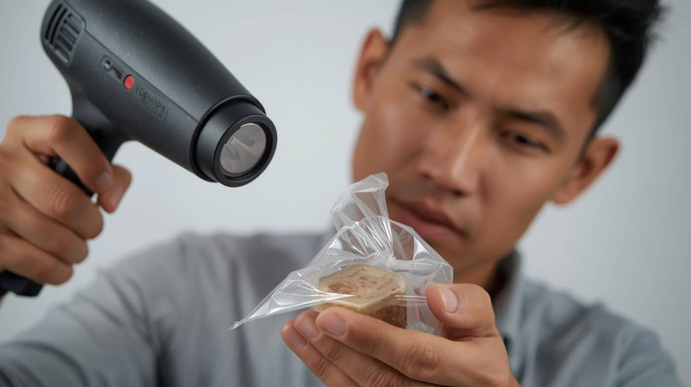 Proses shrink wrap menggunakan heat gun pada produk retail kecil - CV karunia packaging sembada