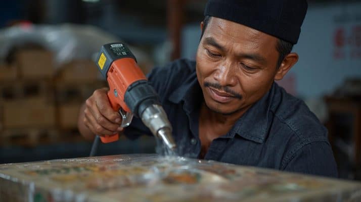Proses shrink wrap menggunakan heat gun untuk membungkus produk dengan rapat – CV Karunia Packaging Sembada