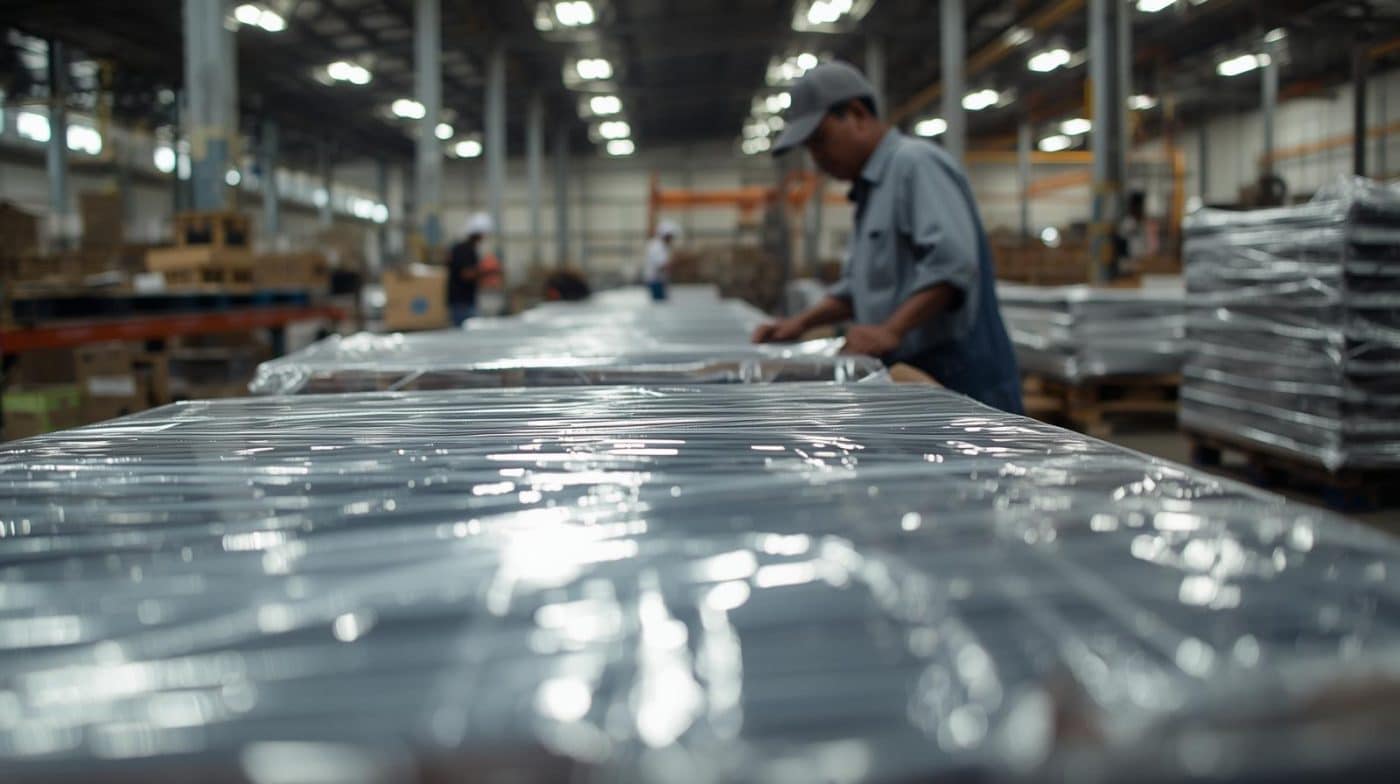 Proses wrapping stretch film pada palet di gudang menggunakan metode manual - CV karunia packaging sembada