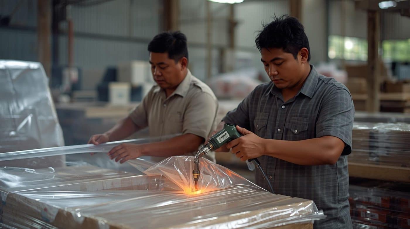 Proses pemanasan shrink wrap dengan heat gun secara merata