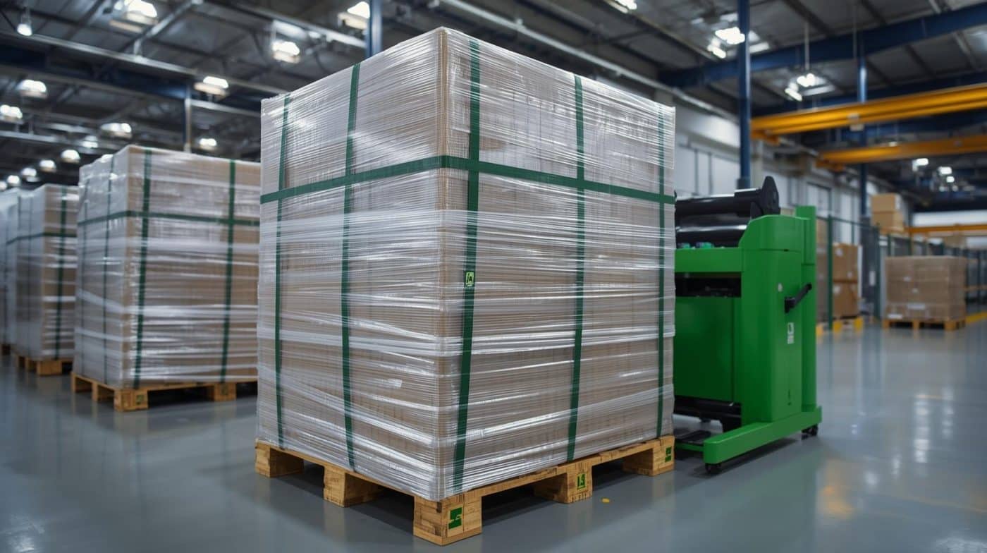 Kombinasi mesin strapping band dan stretch film untuk pengemasan pallet – CV Karunia Packaging Sembada