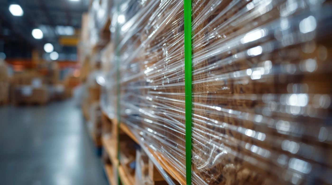 Kombinasi tali strapping band dan stretch film pada pallet – CV Karunia Packaging Sembada