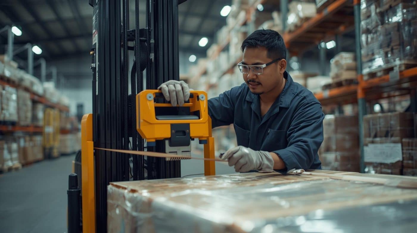 Operator gudang menggunakan mesin strapping band dengan aman – CV Karunia Packaging Sembada