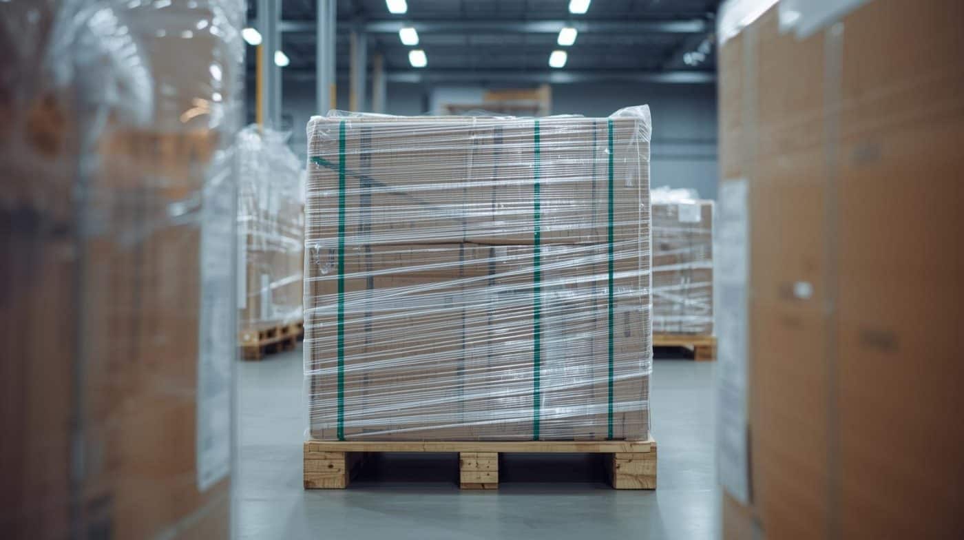 Kombinasi strapping band dan stretch film pada pallet gudang logistik – CV Karunia Packaging Sembada