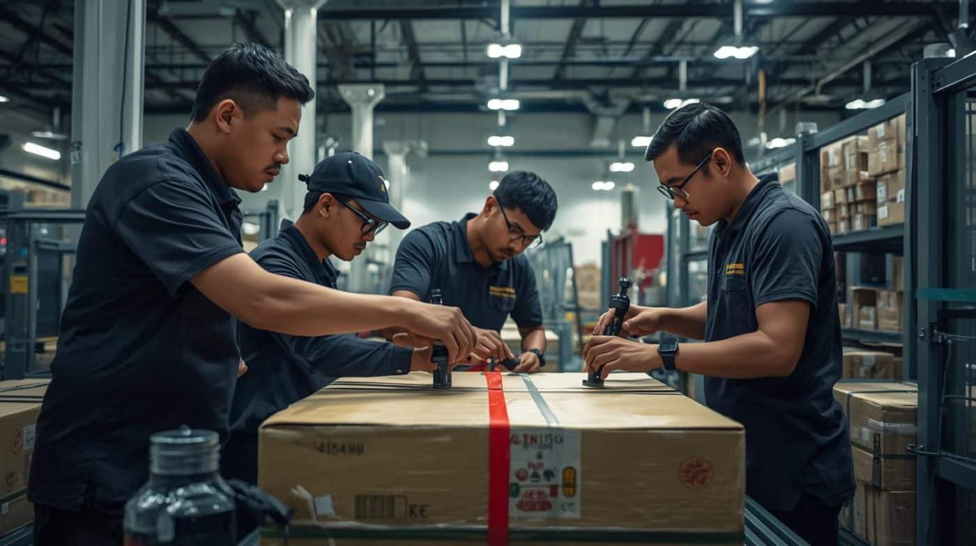 Operator mengatur tegangan mesin strapping band di area gudang – CV Karunia Packaging Sembada