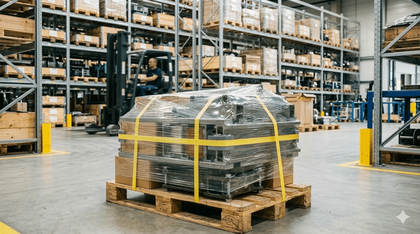 Kombinasi strapping band dan stretch film pada pallet barang berat