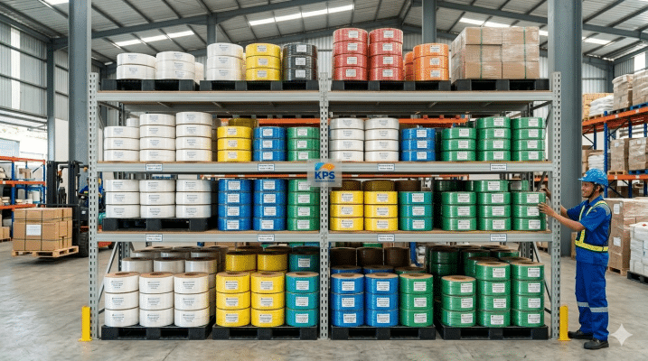 Penyimpanan roll tali strapping band yang rapi di gudang – CV Karunia Packaging Sembada