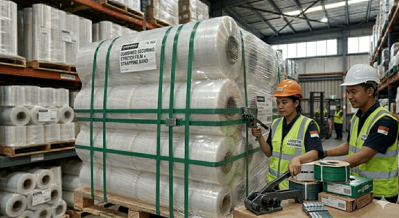 Kombinasi stretch film dan strapping band pada pallet logistik – CV Karunia Packaging Sembada