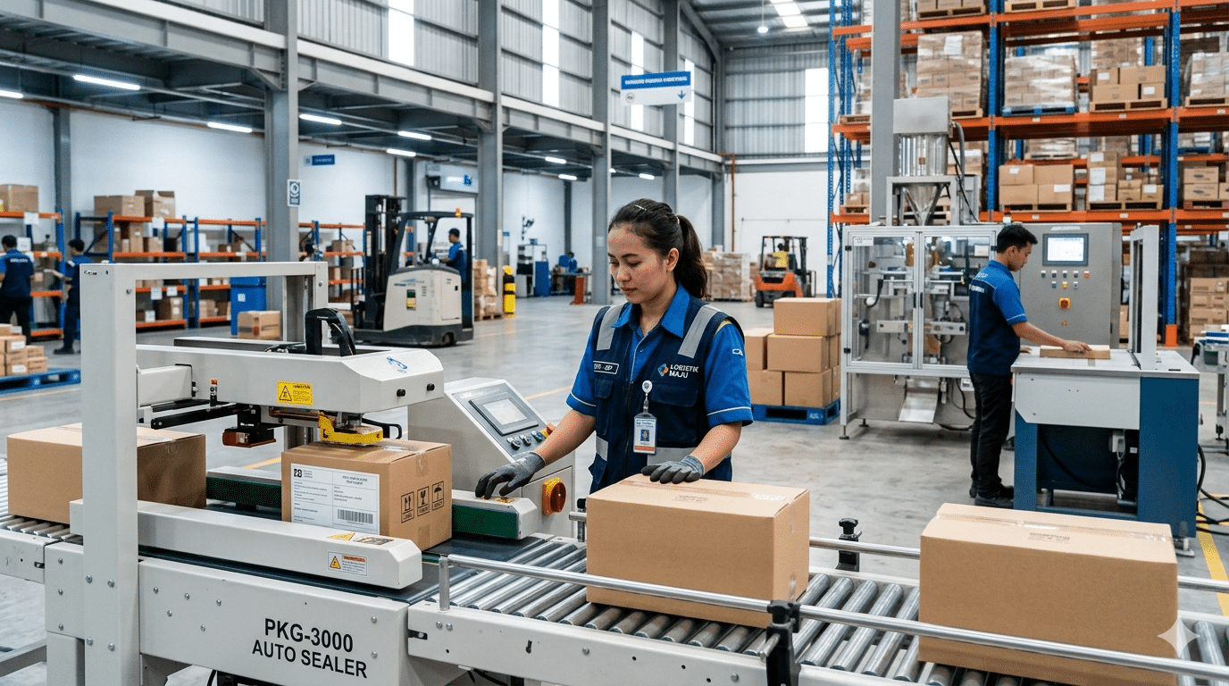 Berbagai mesin packaging di gudang logistik modern – CV Karunia Packaging Sembada