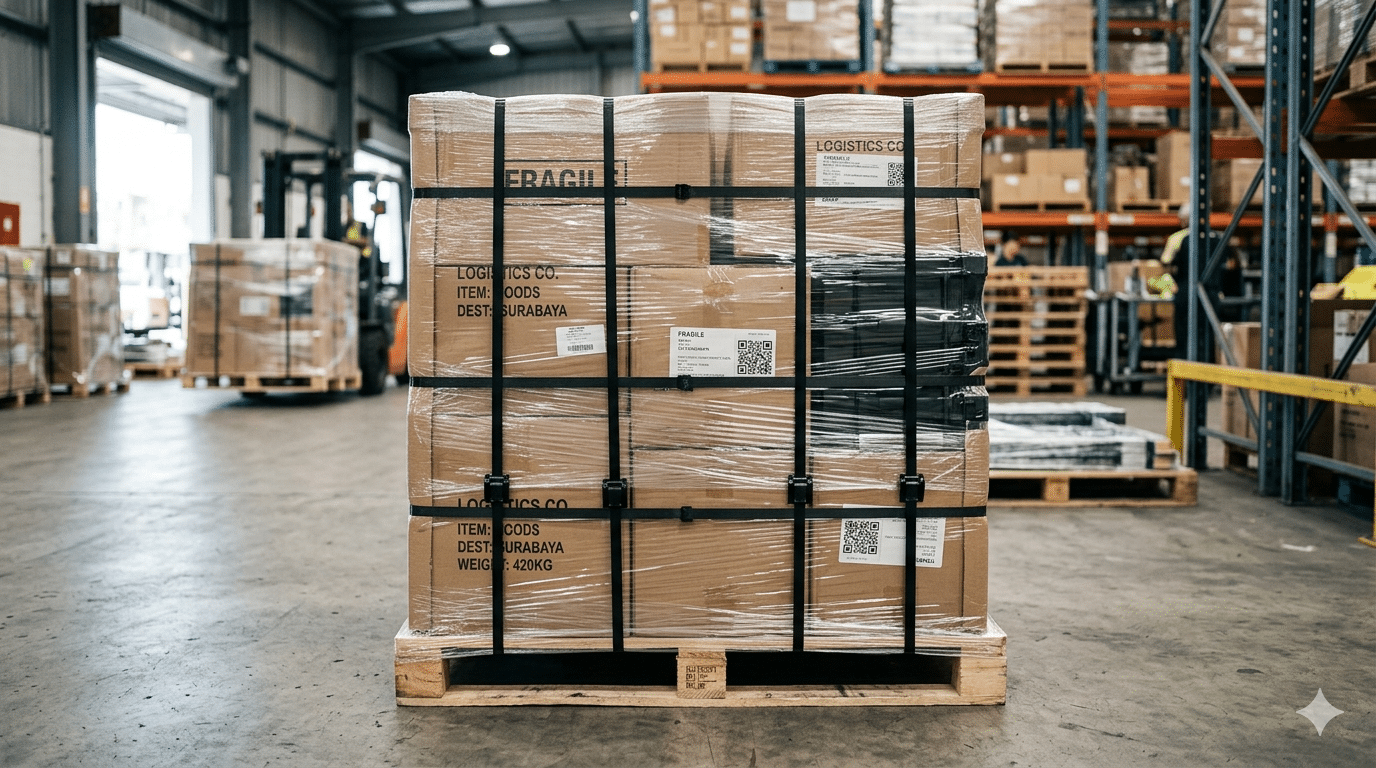 Kombinasi stretch film dan strapping band pada pallet logistik – CV Karunia Packaging Sembada