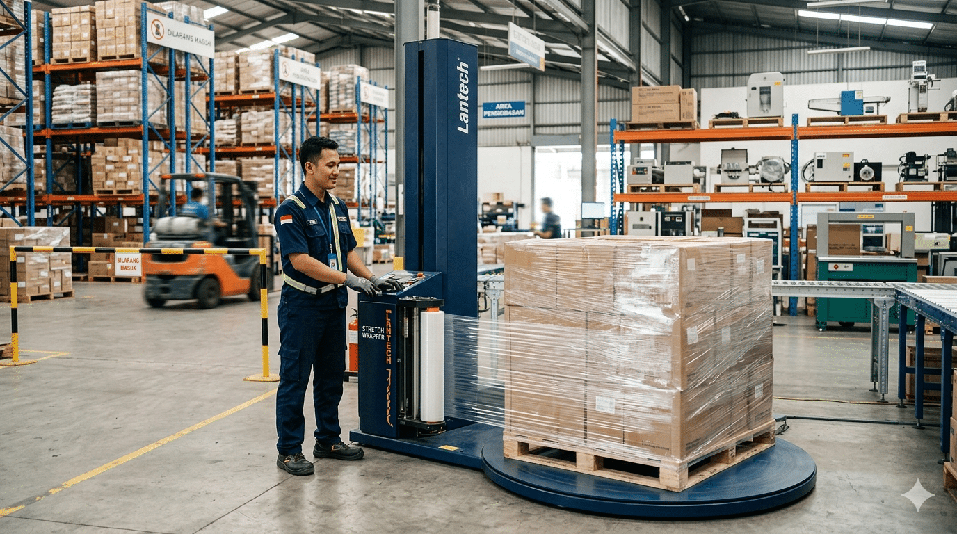 Mesin stretch wrapping membungkus pallet di gudang logistik – CV Karunia Packaging Sembada
