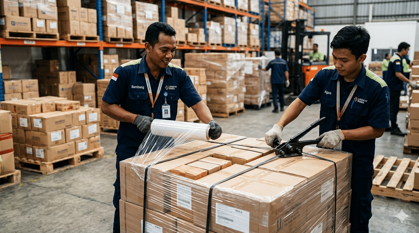 Proses pengemasan barang di gudang menggunakan stretch film dan strapping band – CV Karunia Packaging Sembada