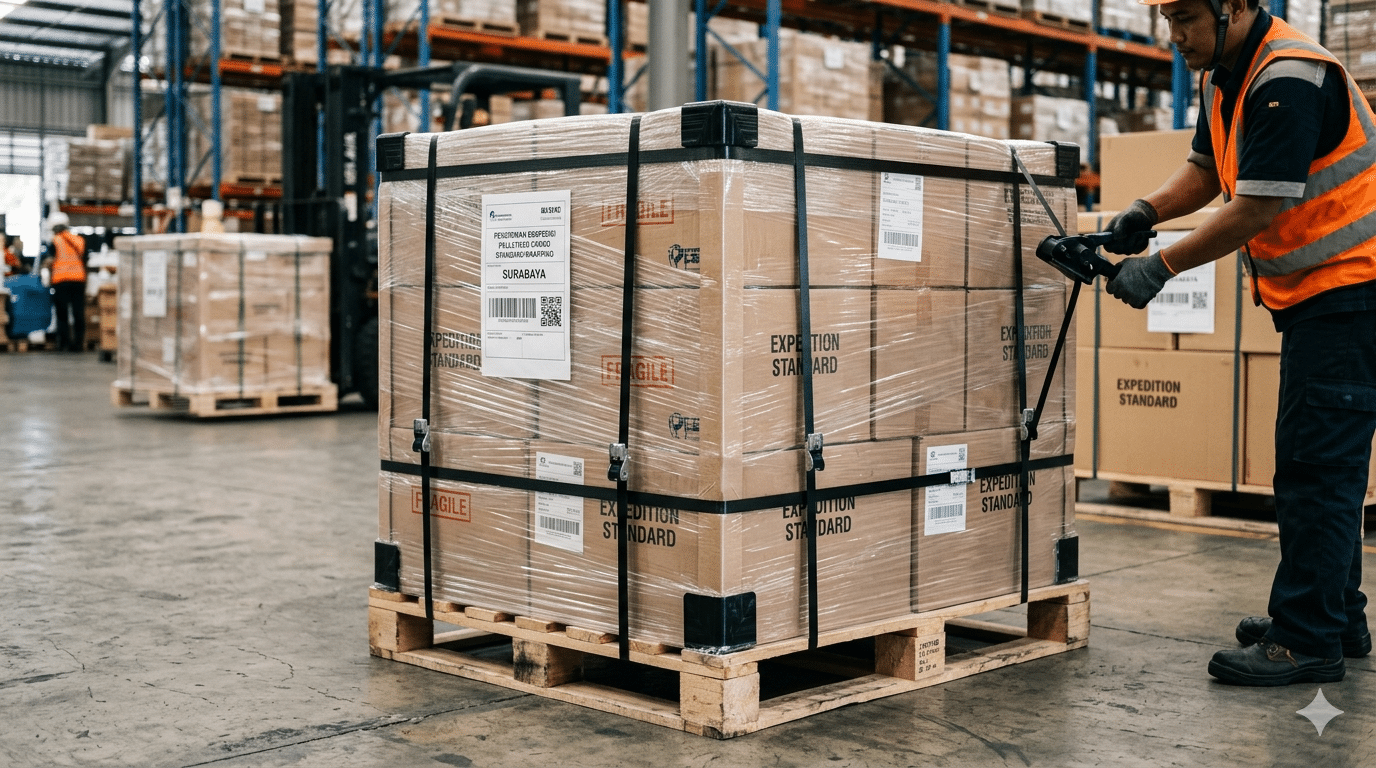 Standar packaging ekspedisi dengan pallet stretch film dan strapping band – CV Karunia Packaging Sembada